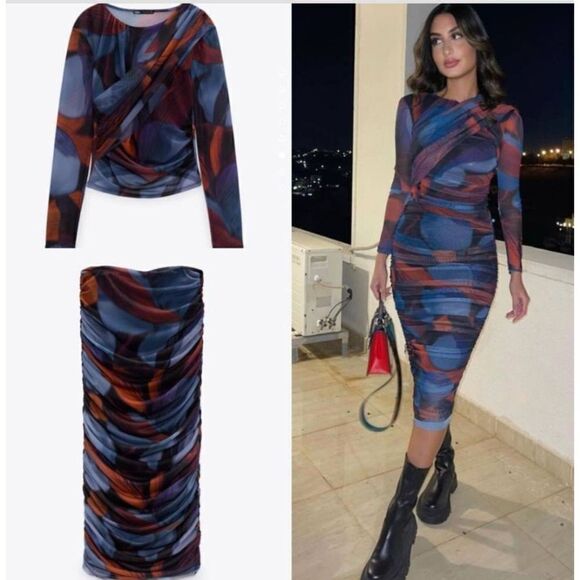 MATCHING SET PRINTED TULLE SKIRT ZARA RED AND BLUE AND WRAP TOP red - Picture 7 of 12